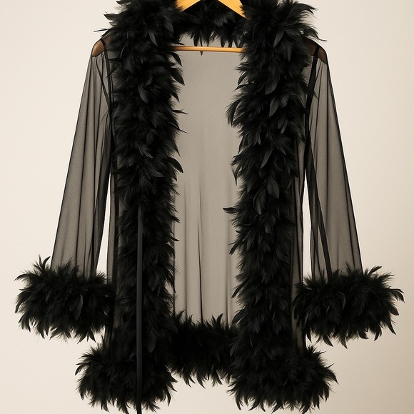 Shirley of Hollywood Other - Shirley of Hollywood Black Sheer Marabou Feather Trim Glamour Robe OS RS1211
